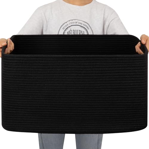 OIAHOMY 75L Large Blanket Basket, Storage Baskets with Handle, Rectangle Woven Cotton Rope Basket, Toy Organizer Bins, 22" x 17"x 12" in,Charcoal Black - color: Charcoal Black, size: 22”x17”x12”