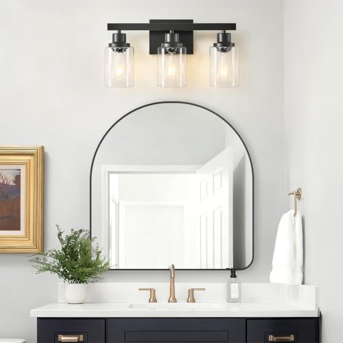 3-Light Bathroom Light Fixtures, Black Bathroom Vanity Light with Clear Glass Shade, Modern Bathroom Wall Lights Over Mirror, Farmhouse Wall Sconces Lighting for Bedroom LivingRoom - color: Black, size: 3-light