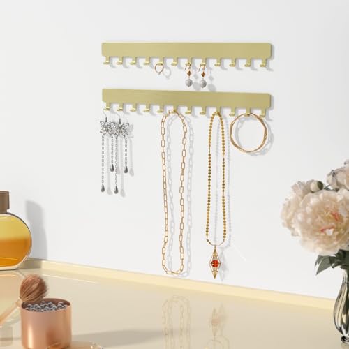 Self-Adhesive Necklace Holder, Wall Mounted Jewelry Organizer for Necklaces, Earrings, Rings & Bracelets, No Drilling, Space-Saving, 2 Pack, Gold - color: Gold plated, size: 9.84 inch