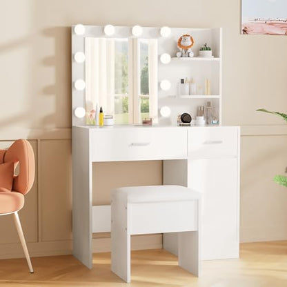 LIVELYGLOW Small Makeup Vanity Stool,15.7" W x 10.2" D x 16.7" H，White（Easy Assembly,PU Cushion Mat, Footstool） - color: Pure White