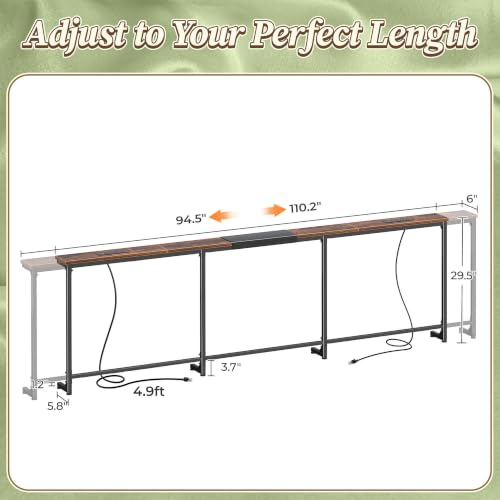 Huuger 94.5-110.2'' Extendable Behind Couch Table with Outlets, Rustic Brown - color: Rustic Brown, size: 94.5- 110.2"W x 29.5"H