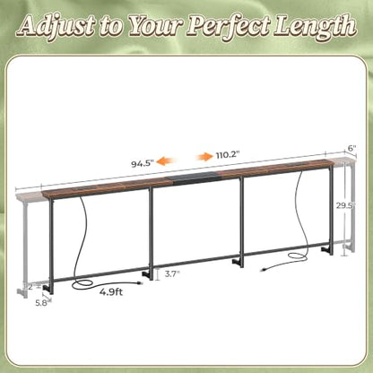 Huuger 94.5-110.2'' Extendable Behind Couch Table with Outlets, Rustic Brown - color: Rustic Brown, size: 94.5- 110.2"W x 29.5"H