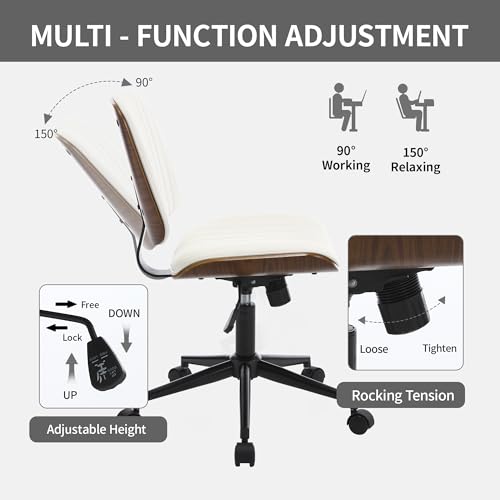 VipDesk Small Home Office Chair - Armless Mid Back Desk Chair with 360° Swivel and Wheels, PU Upholstered Height Adjustable Modern Walnut Computer Chair for Home, Office Meeting Room - White - color: White, size: Classic