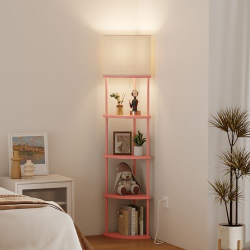 Qupui Floor Lamp with Shelves, 61.5" 5-Tier, 3-Color LED, Pink | Fabric Shade With Soft Cozy Light. 3 Color Temperatures 12W LED. 5 Tiers, 22 Lbs Each. Durable Composite Panels, Metal Frame - color: 5-Tier Pink
