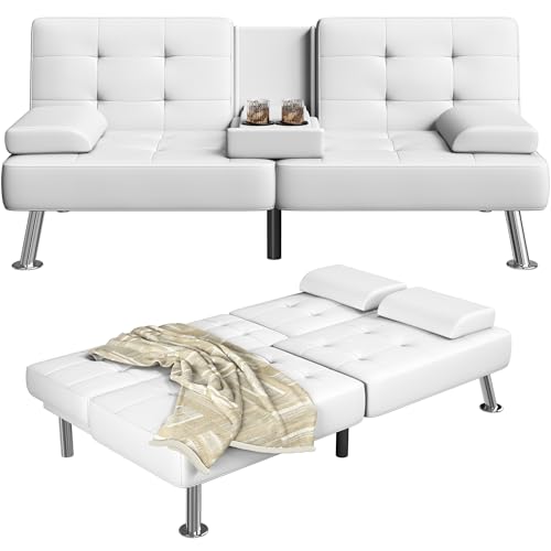 Furmax Leather Futon Sofa Bed, Adjustable Futon Couch for Living Room | Sleeper Sofa Bed with 2 Cup Holders, Reclining Futon Loveseat for Apartment, Business Office & Small Spaces | White - color: White