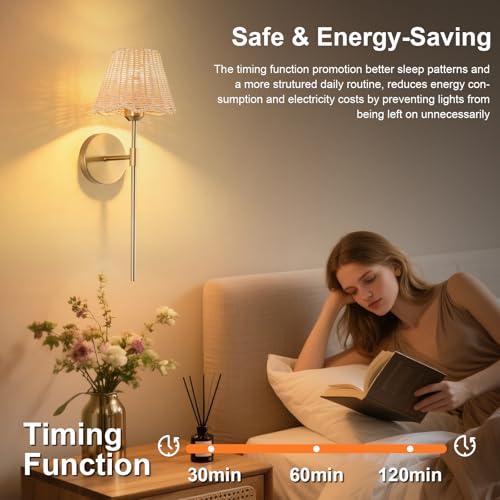 Battery Operated Wall Sconces Set of 2, Rattan Shade Wireless Wall Sconces, RGB Rechargeable Dimmable, Gold Boho Wall Sconce for Bedroom, Living Room, Hallway Bulbs Included - color: Gold 19.6in