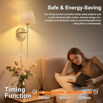 Battery Operated Wall Sconces Set of 2, Rattan Shade Wireless Wall Sconces, RGB Rechargeable Dimmable, Gold Boho Wall Sconce for Bedroom, Living Room, Hallway Bulbs Included - color: Gold 19.6in