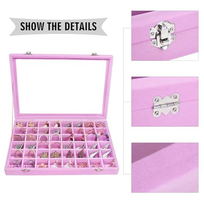 Siveit Velvet Jewelry Tray 48 Grid Jewelry Display Tray Organizer Box with Transparent Lid Rings Earrings Necklaces Pendants Display Box Suitable for Women and Girls (Pink) - color: Pink