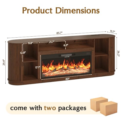 85.6" Fireplace TV Stand for TV Up to 90",Entertainment Center with 40" Electric Fireplace,Simulates 12 Flame Colors,Countertop with Power Outlet, Large Capacity, for Living Room,Walnut - color: Walnut