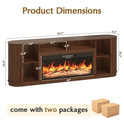 85.6" Fireplace TV Stand for TV Up to 90",Entertainment Center with 40" Electric Fireplace,Simulates 12 Flame Colors,Countertop with Power Outlet, Large Capacity, for Living Room,Walnut - color: Walnut