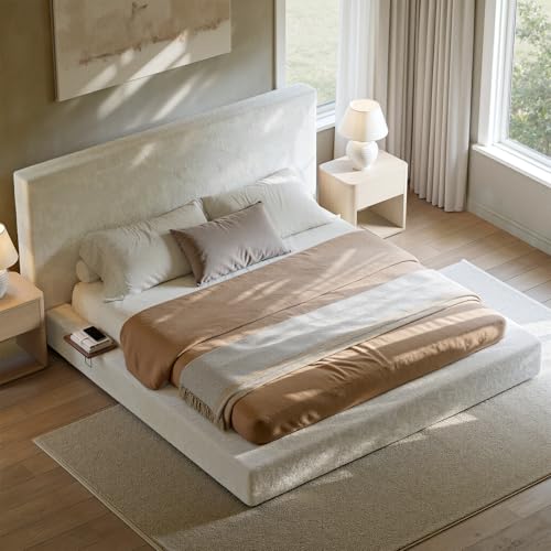 Evermagin White King Upholstered Cloud Bed Frame with Headboard | Soft Frame Cloud Bed with 2 Tray Tables, Modern Platform Cushion Bed Frame for Bedroom, No Box Spring Required Easy Assembly - size: King