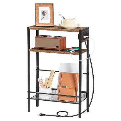 HOOBRO Small Narrow Side Table with Charging Station, Skinny End Table for Small Spaces, Slim Nightstand with USB Ports Outlet, Sofa Beside Table with Storage Shelf, Rustic Brown and Black BF102UBZ01 - color: Rustic Brown + Black