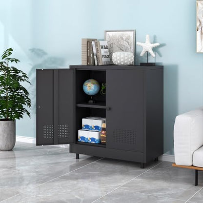 Metal Storage Cabinet with 2 Doors and Adjustable Shelf, Steel Accent Sideboard Buffet Cabinet for Home, Office, Garage, Entryway, Living Room, Kitchen Pantry and Dining Room (Black) - color: Black