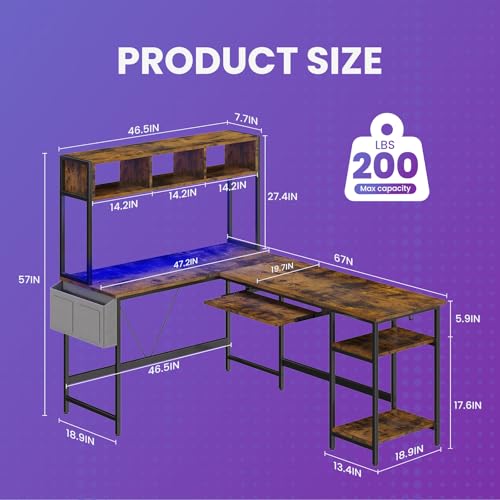 DUMOS 67" L Shaped Gaming Desk, Reversible Computer Desks with LED Lighting, Corner Desk for Compact Spaces with Keyboard Tray & Storage Shelf, Metal Frame PC Gaming Table for Home Office,Rustic Brown