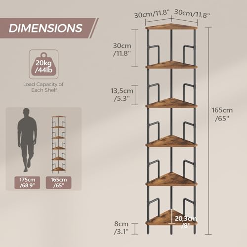 MAHANCRIS 6-Tier Corner Shelf, 65" Tall Corner Bookshelf with Metal Frame, Narrow Display Shelf Stand, Industrial Corner Bookcase for Living Room, Bedroom, Home Office, Rustic Brown CSHR6601 - color: Rustic Brown, size: 6 Tier
