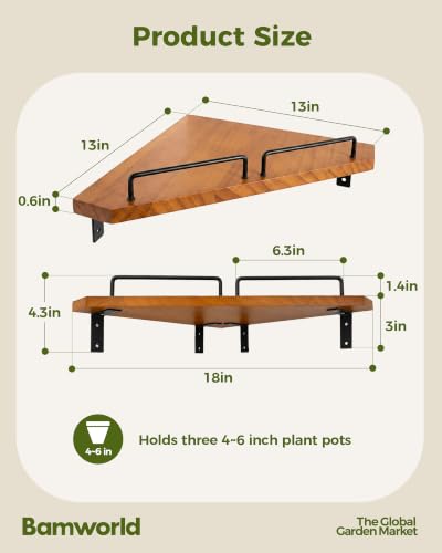 Bamworld Corner Shelf Wall Mounted Floating Corner Shelves 13 Inch Black Iron & Wood Plant Shelves Window Shelf for Plants 2 Pack