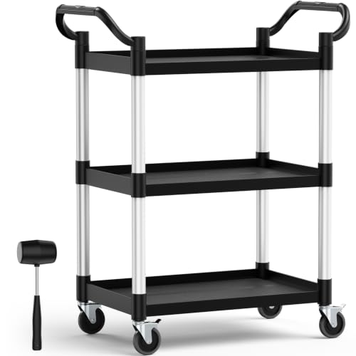 Plastic Utility Carts with Wheels, 3-Tier Rolling Cart with 4 Lockable Wheels, Heavy Duty 600 LBS Capacity Food Service Cart (Does Not Contain Recycled Plastic),16.8" D x 31.5" W x 37.8" H - size: Medium