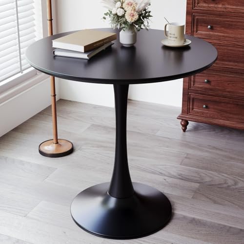 HRVEOCEI 31.5" Tulip Table, Small Round Dining Table with Thickened Tabletop & Metal Pedestal, Bistro Tables for Small Spaces Kitchen Dining Room Living Room (Black) - color: Black