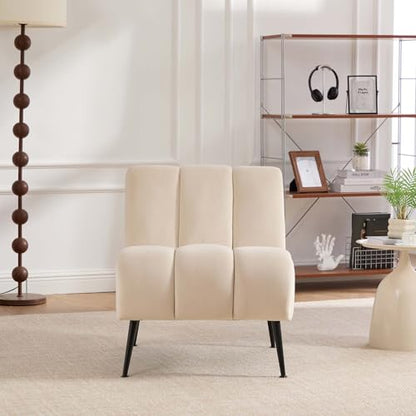 Velvet Slipper Chair, Armless Upholstered Accent Chair with Black Metal Legs, Modern Lounge Chair for Living Room, Bedroom, Office & Reading Nook (Beige+Metal) - color: Beige+metal