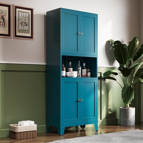 69"H Metal Pantry Cabinet with Microwave Stand,Tall Kitchen Storage Cabinets,Blue Food Pantry Cabinet with 4 Doors and Shelves, Large Hutch Cabinets for Kitchen, Dining Room, Living Room and Bathroom - color: Blue, size: 69"H-4Doors