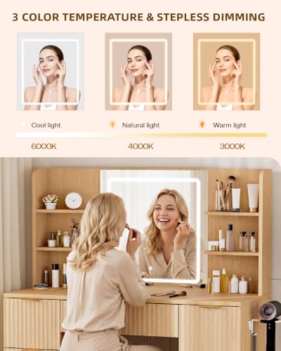 LIVELYGLOW 43" Large Natural Wood Makeup Vanity Desk with Charging Station | Fluted Design, Smart LED Mirror, Hairdryer Holder, 7 Drawers - color: Wooden/Fluted