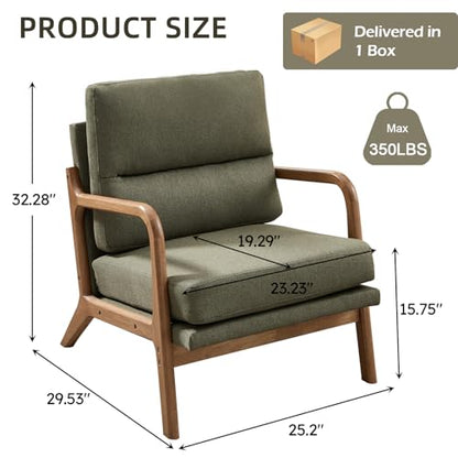 IOMOR Mid Century Modern Accent Chair, Linen Fabric Upholstered Lounge Arm Chair with Solid Wood Frame and Soft Cushion for Living Room, Bedroom, Balcony (1, Green) - color: Linen Green