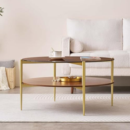 LumFurn Extra Large Round Coffee Table, Mid-Century Modern Design, D34 x H17 in, for Living Room, 2-Tier Structure, Amber Glass Top and Walnut MDF Shelf, Sleek Conical Metal Legs with Gold Finish - color: D34" Amber & Walnut