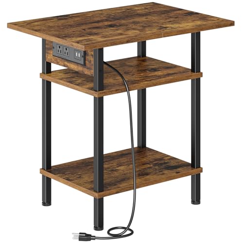 Asgolion Side Table with Charging Station, 3 Tier Narrow End Table | Skinny Nightstand with USB Ports and Outlets, End Table with Storage for Bedroom, Living Room, Office, Rustic Brown - color: Rustic Brown, size: 22"H