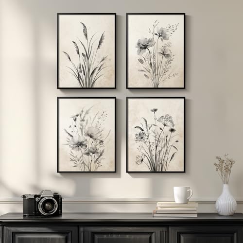 Framed Vintage Rustic Farmhouse Botanical Floral Wall Art, 4 Piece 11x14 In | Retro neutral flower pictures, Waterproof canvas prints, Ready to hang artwork, Kitchen bedroom hallway wall decor - color: Misty - Black Framed, size: 11" W x 14" H x 4 pcs