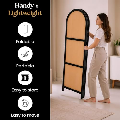 ELK & ELDER 3-Panel Room Divider | Folding Privacy Screen with Arched Dark Wood Frames and Light Woven Panels | Portable Divider for Home,Office, Living Room, Bedroom | 66" H x 56" W |Dark Wood/Beige