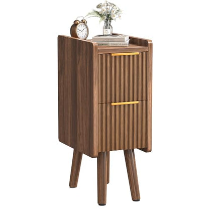 ELYKEN 7.9" Fluted Narrow Nightstand, 20.6" H Skinny Side Table, Walnut | Compact Design for Small Spaces, 2 Drawers, Wood Grain Finish, Perfect as Bedside Table, End Table or Sofa Side Table - color: Walnut-1 Pcs