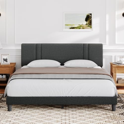 Novilla King Size Bed Frame with Adjustable Headboard Platform King Bed Frame Linen Fabric Upholstered Headboard, No Box Spring Needed, Wooden Slats Support, Easy Assembly, Dark Grey - color: Dark Gray, size: King