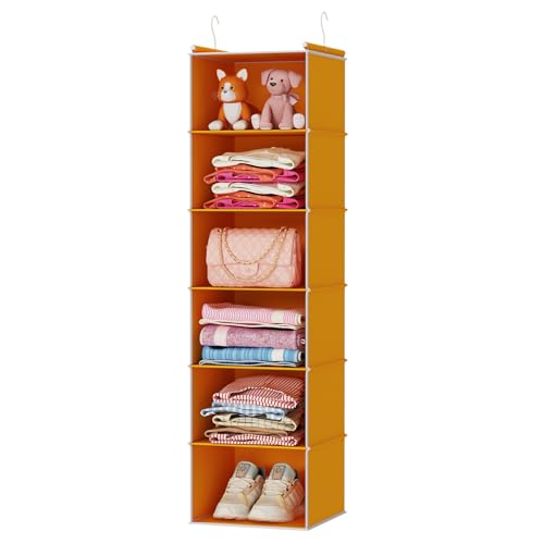 MAX Houser 6 Tier Hanging Closet Organizer with 2 Sturdy Hooks, Yellow | Dorm Room Essentials with 2 sturdy hooks, foldable lightweight fabric closet storage, space-saving design for Bedroom - color: Yellow
