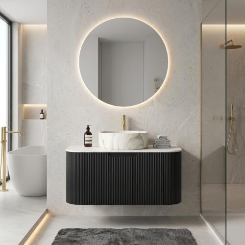 24" Floating Bathroom Vanity with Sink, Wall Mounted Plywood Cabinet, Black Fluted Front, Sintered Stone Countertop, White Marble-Look Ceramic Vessel Sink, Soft-Close Drawer, Pre-Assembled - color: Black Cabinet / White Marble Sink, size: 24 Inch