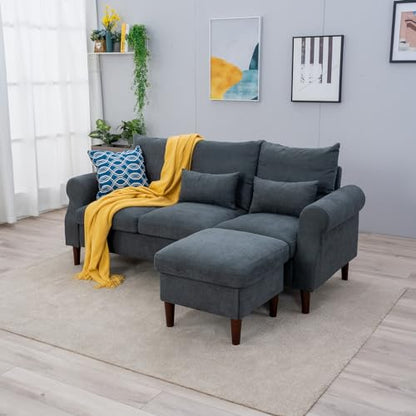 Panana 3 Seater Sofa with Footstool Set, Rolled Arm Classic Couch, Solid Wood Legs Settee for Small Living Room Office Lounge (Gray, 3 Seater with Ottoman) - color: Gray Linen Fabric, size: 3 seater with ottoman