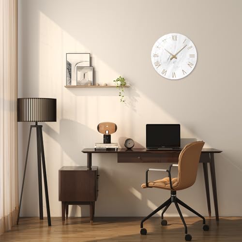 Round Marble Battery Wall Clock Modern 14 Inch | White Minimalist Wall Clock for Kitchen Bedroom Office Living Room Quartz Glass Silent Clock for Wall - color: White, size: 14 Inch