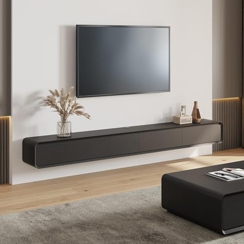 POVISON Fully-Assembled Minimalist Floating TV Stand, Modern Wall-Mounted Entertainment Center with 4 Flip-Down Cabinet Doors, Solid Wood Media Console, Black Oak, 94" - color: Black, size: 94.49"
