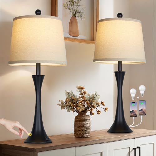 Rinweey 27.5" Table Lamps Set of 2, Touch Bedside Lamps with USB C+A Ports, 3 Way Dimmable Nightstand Lamps for Bedroom, Living Room, Office, Black Lamp with Beige Lampshade, Bulbs Included - color: Black