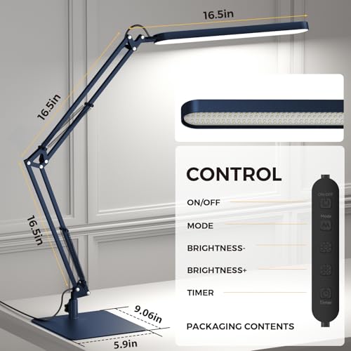 LED Desk Lamp with Slim Base - Adjustable Swing Arm Desk Light, Dimmable, Timer, Eye Protection, Memory Function, 1300LM, 12W, Blue - style: Blue swing arm with Base