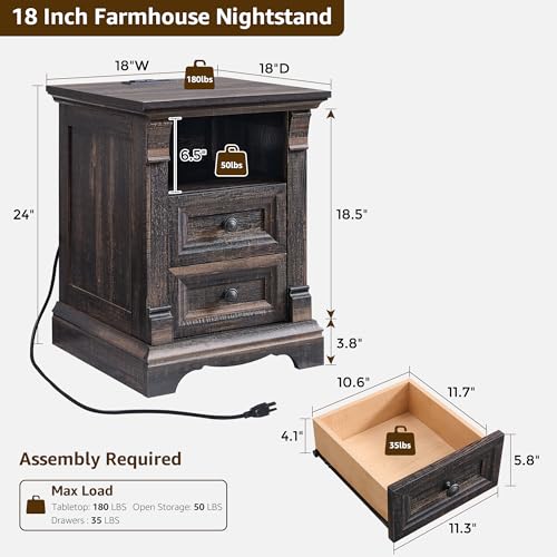 Farmhouse Nightstand Set of 2, 18" Sofa Side Table with Charging Station | Wood End Table w/Roman Column, Bedside Cabinet for Bedroom, Living Room, Dark Rustic Oak - color: Dark Rustic Oak, size: 18"D x 18"W x 24"H