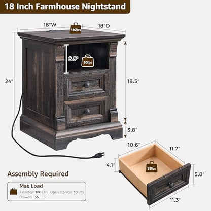 Farmhouse Nightstand Set of 2, 18" Sofa Side Table with Charging Station | Wood End Table w/Roman Column, Bedside Cabinet for Bedroom, Living Room, Dark Rustic Oak - color: Dark Rustic Oak, size: 18"D x 18"W x 24"H