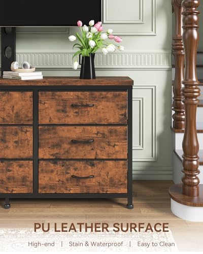 TV Stand with Mount for 32/55/65/75/85 inch TVs, Entertainment Center with 9 Fabric Drawers Dresser Storage, Height Adjustable Media Console - color: Rustic Brown
