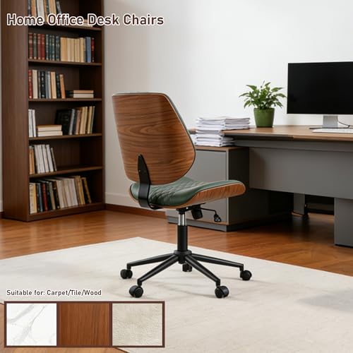 Modern Walnut Home Office Chair, Executive Desk Chair No Arms Green | with Wheels, Adjustable Height, Comfy PU, Deeper Cushion, Mid Back, 360 Swivel Computer Chair - color: Green