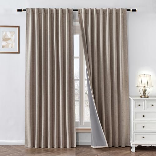 100% Blackout Curtains 84 inch Length 2 Panels Faux Linen Long Drapes for Bedroom Nursery Living Room Black Out Room Darkening Curtain Thermal Insulated Back Tab Rod Pocket(W52 x L84, Beige) - color: Beige, size: 52"W x 84"L (Pack of 2)