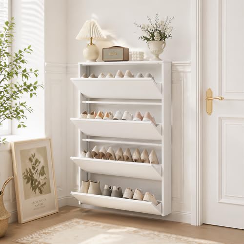 Slim Metal Shoe Cabinet with 4 Flip Drawers | Shoe Storage Cabinet, Narrow Shoe Organizer for Entryway, Hallway & Small Spaces - size: 4 Flip Drawers