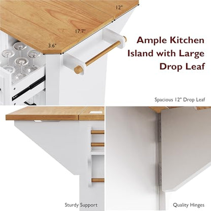 Rustic Rolling Kitchen Island with Drop Leaf, Built-in Charging Station & 6 Deep Drawers, 47" Farmhouse Mobile Cart for Dormitories, Offices, Bedrooms (White/R1) - color: White/R1