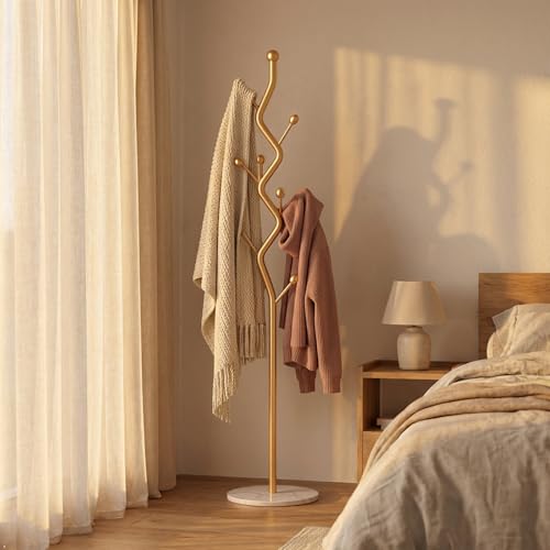 Gold Tree Meta Coat Rack with Marble Base Freestanding Hall Tree | Multi-Hook Entryway Organizer for Hallway, Bedroom, Living Room (Gold) - color: Gold