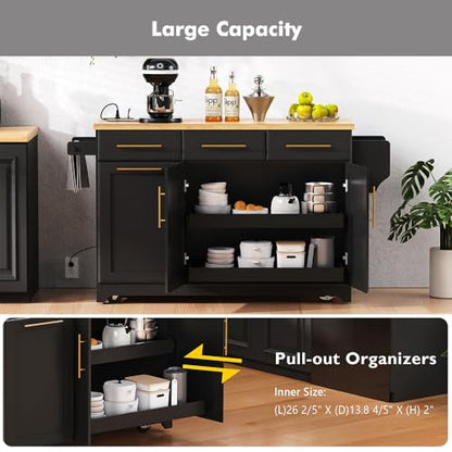 59.3" Rolling Kitchen Island with Trash Can Storage, Mobile Kitchen Storage Island with Drop Leaf, Power Outlet, Pull Out Cabinet Organizer (Black) - color: Black