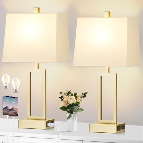 Lolikit 23.5" Touch Control Table Lamps, Metal Bedside Lamp for Bedroom Set of 2 with USB A+C Ports & AC Outlet, 3-Way Dimmable Nightstand Lamp for Living Room (LED Bulb Included) - color: Gold - 23.5"H