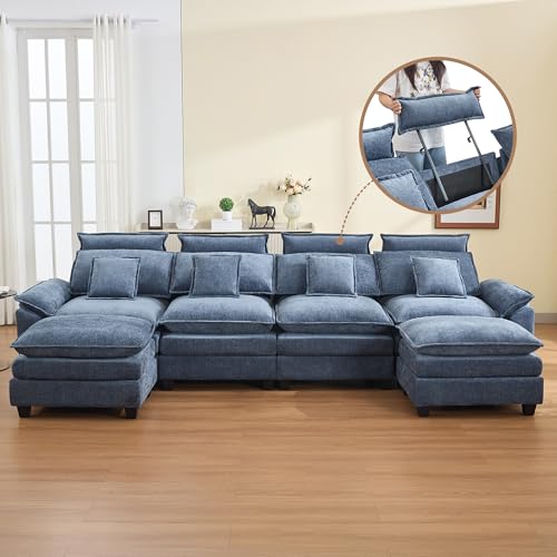 134'' Cloud Modern 4 Seater Couch with Detachable Headrest, Modular Sectional Sofa with 2 Ottoman, Oversized U Shape Chenille Comfy Sofa with Armrests for Living Room, Blue - color: Blue, size: U Shaped Couch